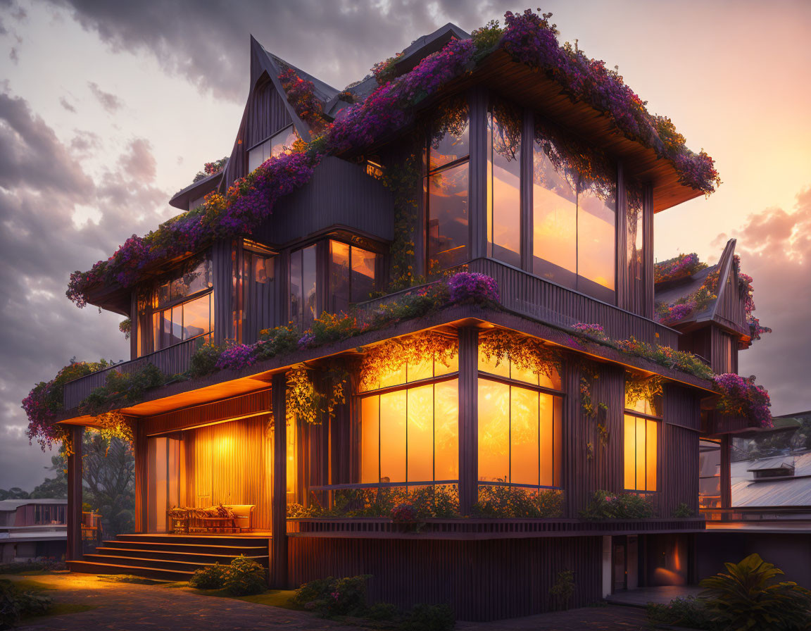 Modern house with large glass windows in lush greenery and purple flowers at sunset