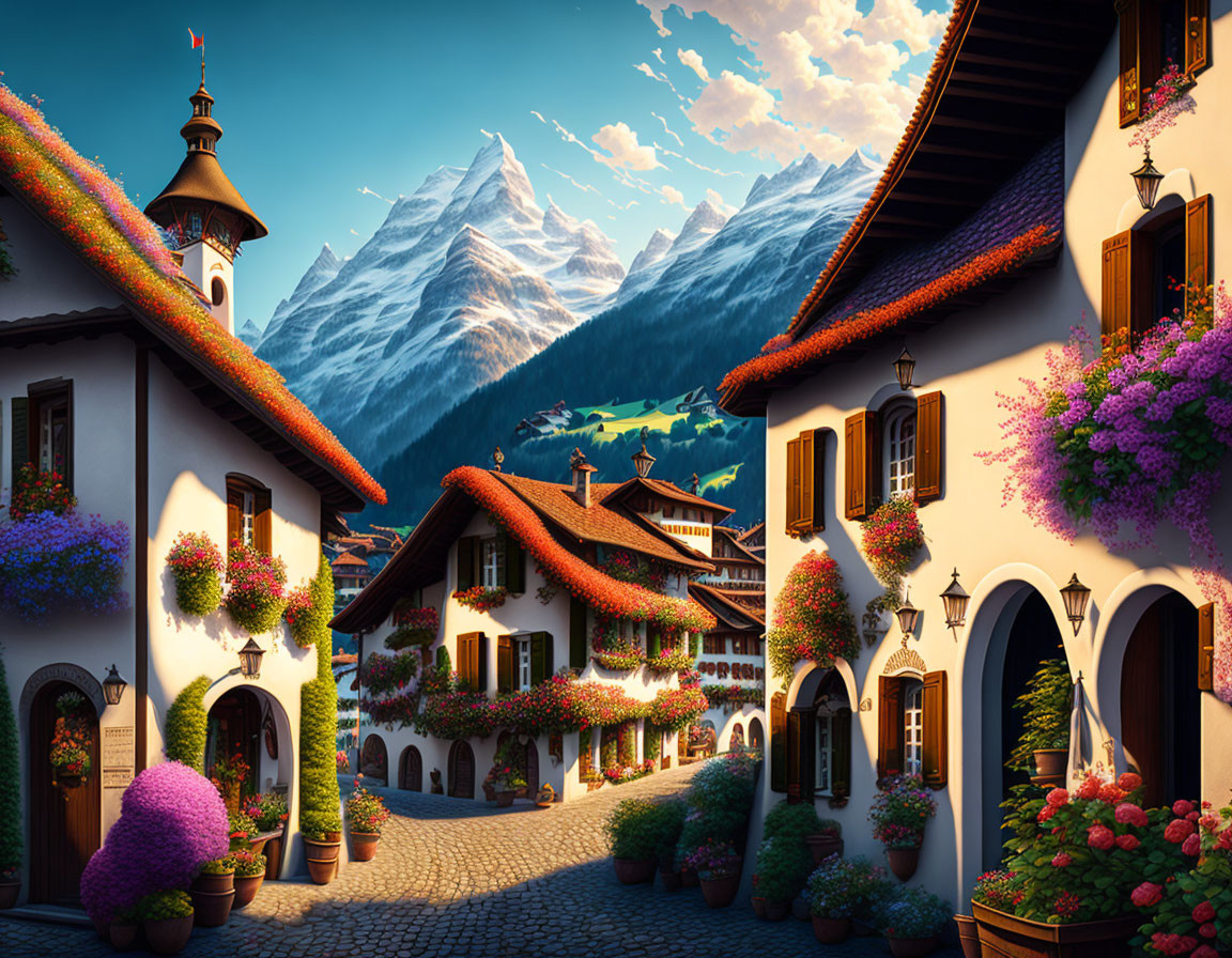 Picturesque European Village Street with Traditional Houses and Snow-Capped Mountains