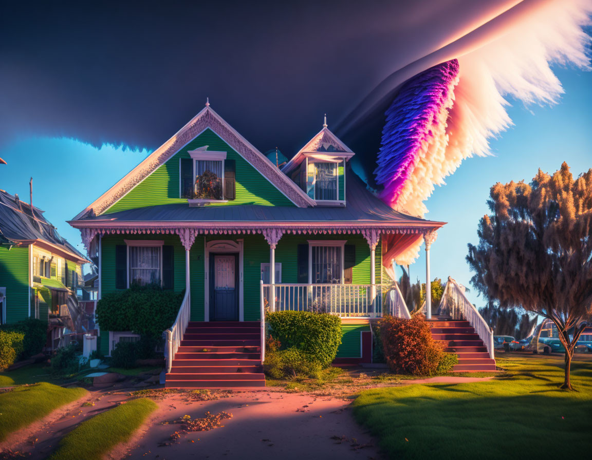 Vibrantly Colored Victorian House with Porch under Surreal Sky