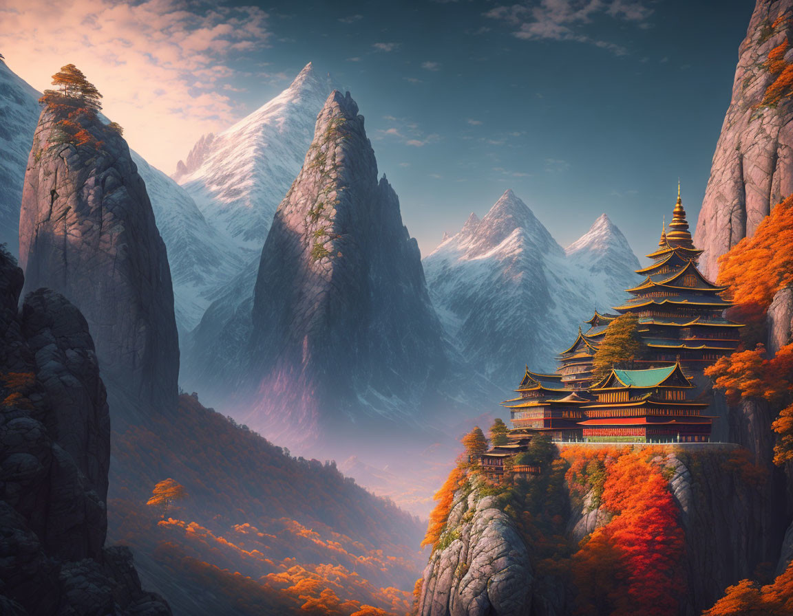 Traditional temple surrounded by autumn trees in mountain landscape