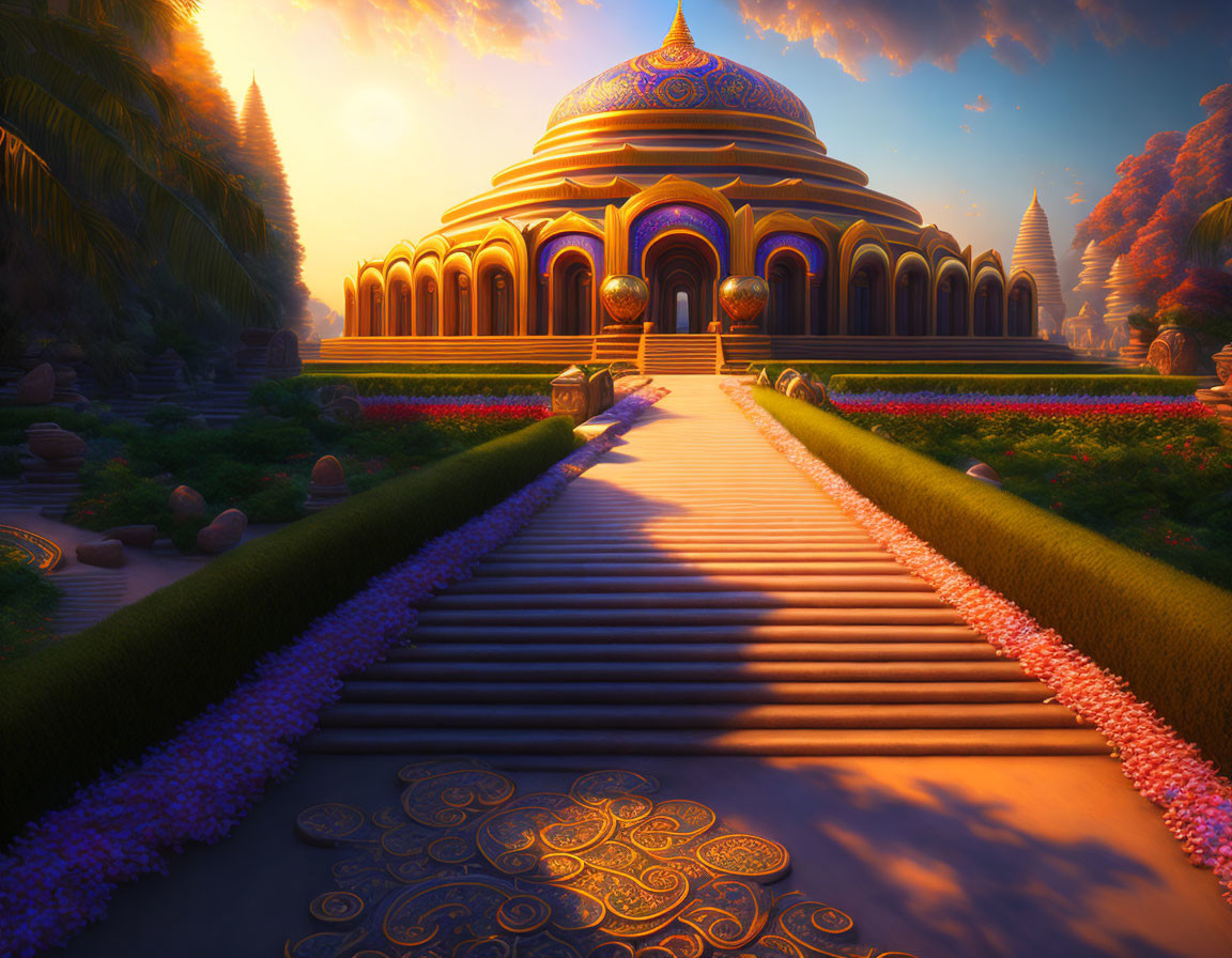 Fantasy temple with golden domes in sunset garden setting