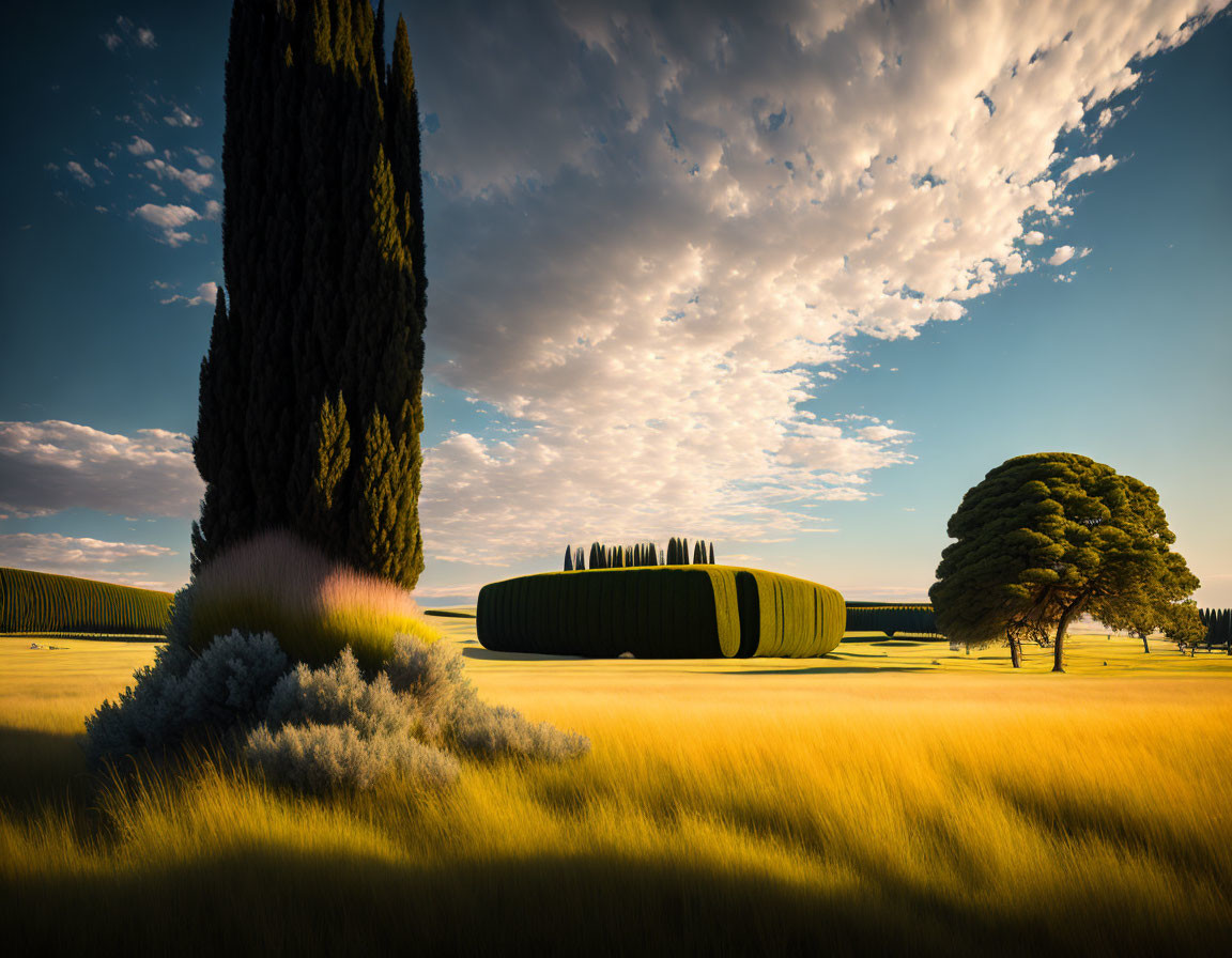 Tranquil sunset landscape with cypress trees and lone tree