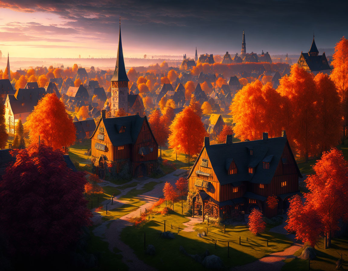 Traditional houses in autumn village at sunrise or sunset
