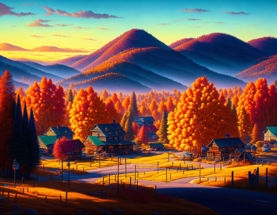 Autumnal village surrounded by warm-hued trees and mountains at sunset