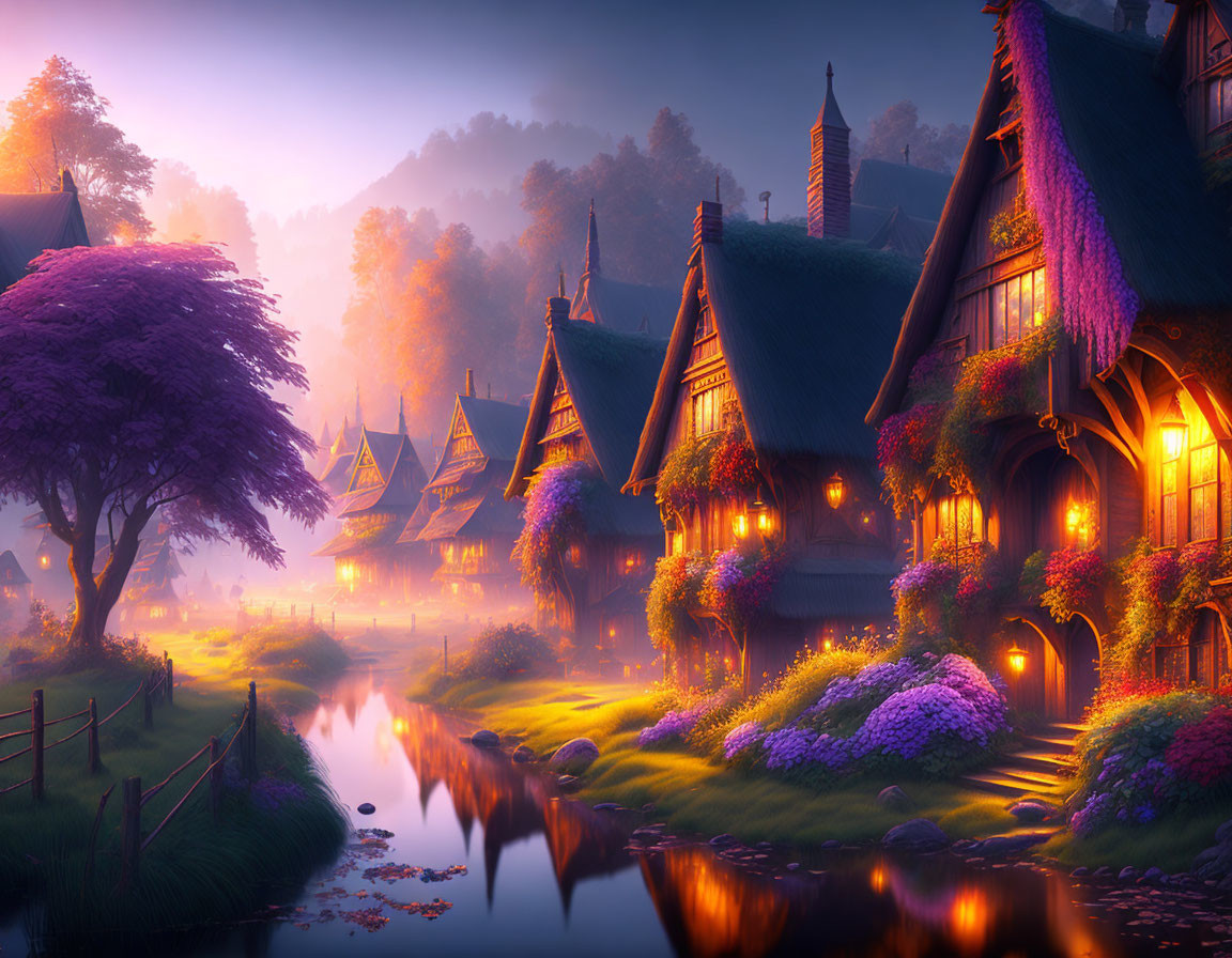 Tranquil fantasy village at twilight with thatched-roof houses beside a gentle stream surrounded by lush