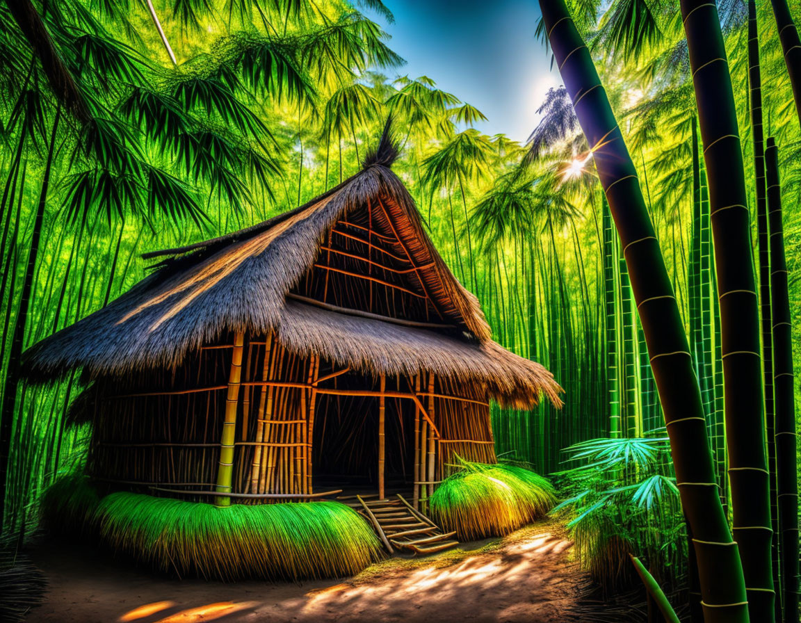 Traditional Thatched-Roof Hut Among Lush Bamboo with Sunlight Glow