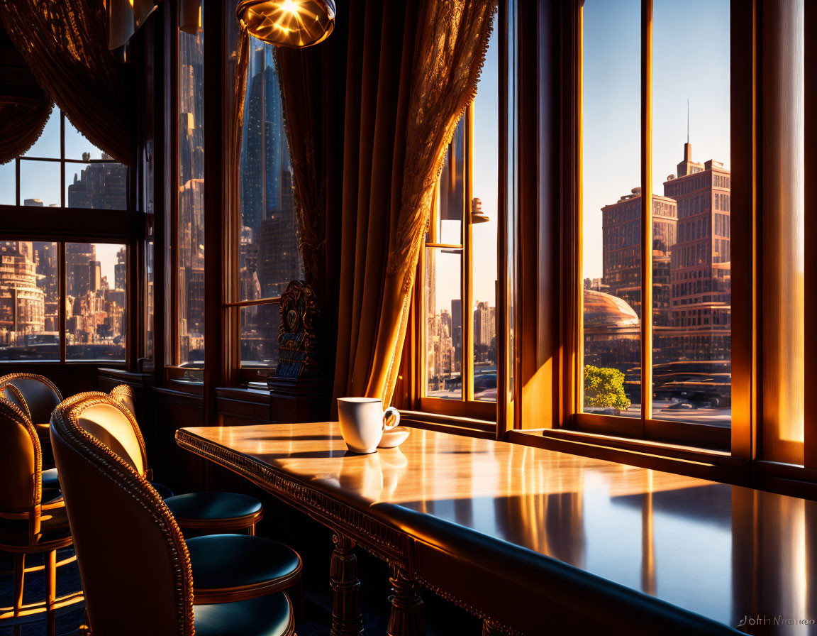 Elegant bar stools and glossy countertop in cozy interior with cityscape view