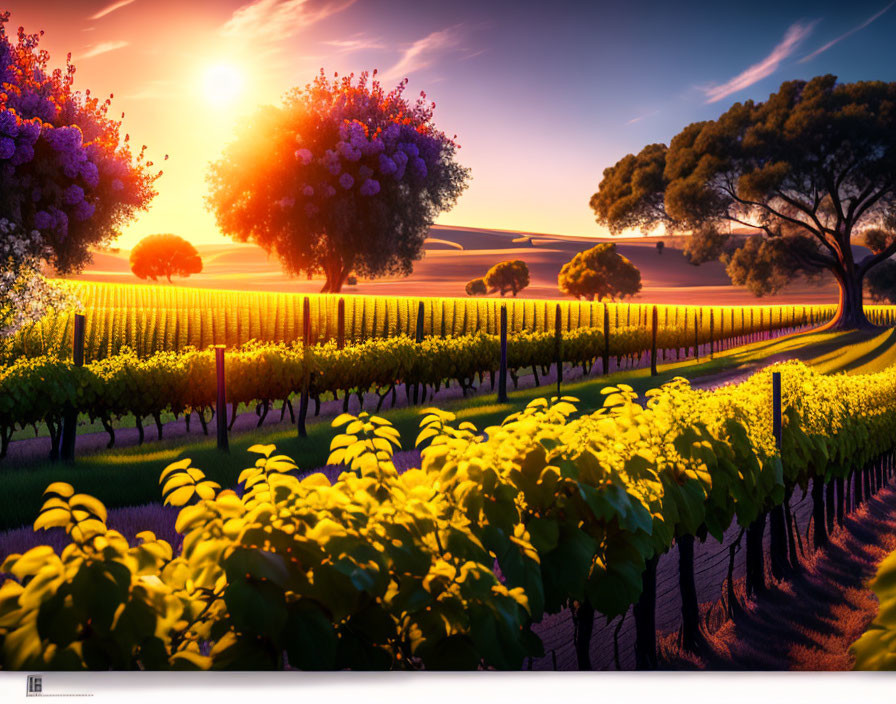 Vibrant vineyard sunset with rolling hills and colorful sky