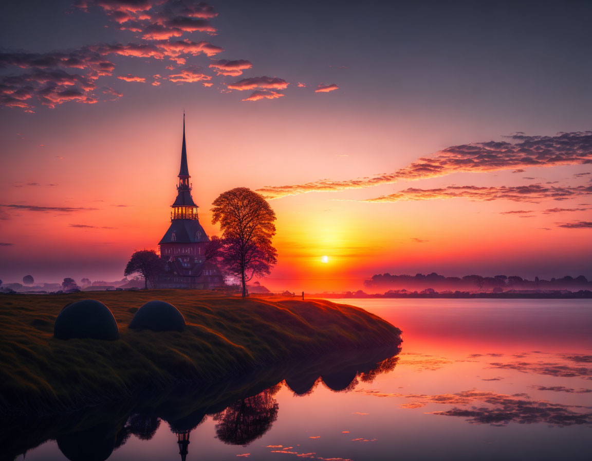 Tranquil lake at sunrise with spired structure and hay bales