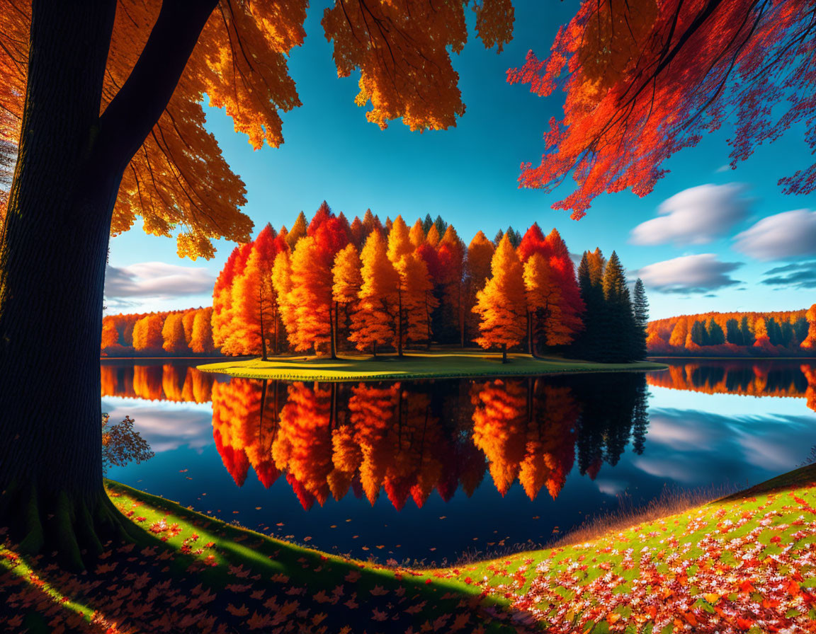 Tranquil lake reflects colorful autumn trees under clear blue sky