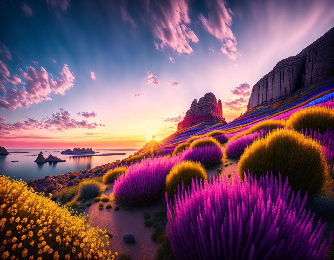 Colorful Sunset Over Surreal Landscape with Spiky Vegetation