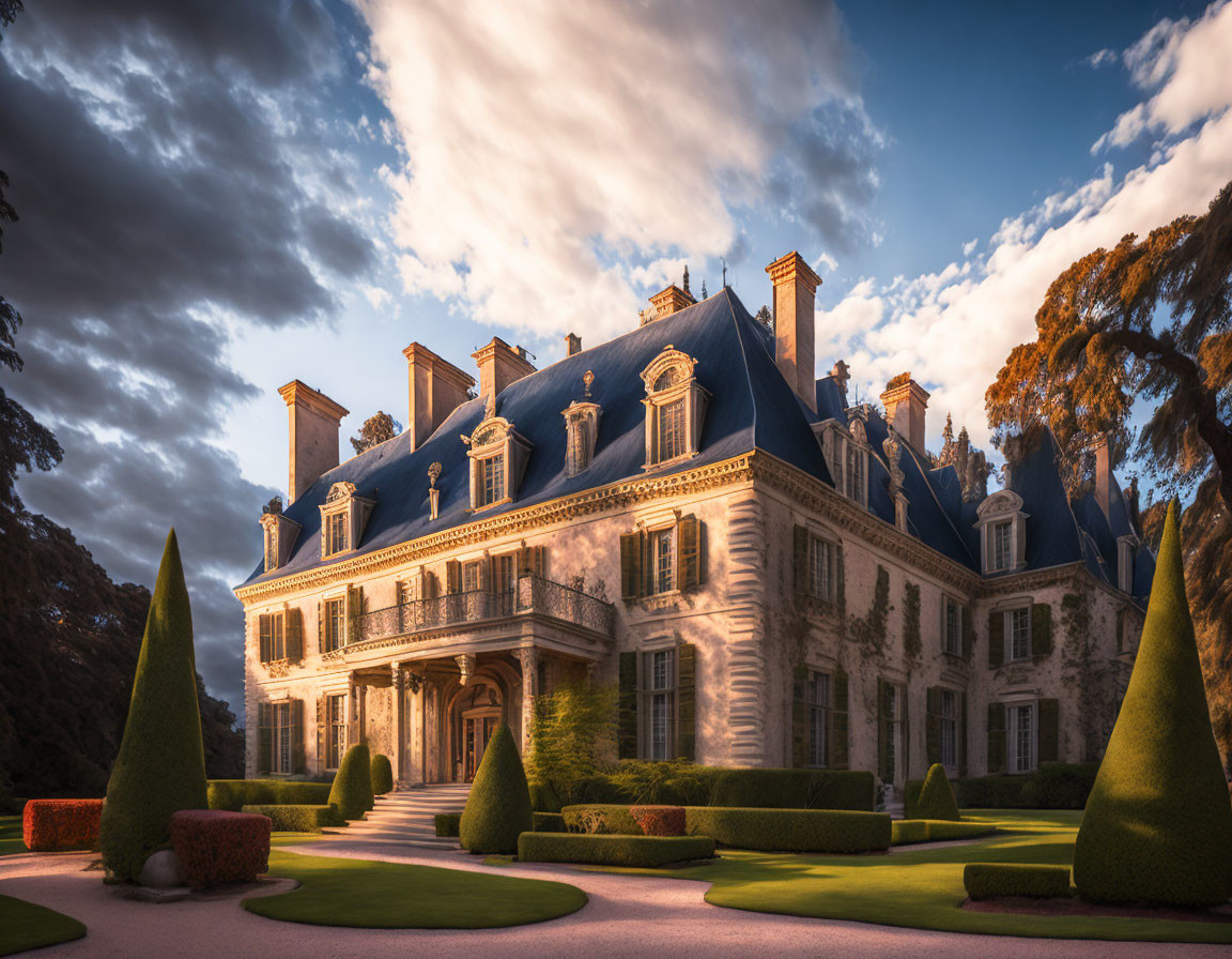 Symmetrical topiaries at elegant chateau under dramatic sunset sky