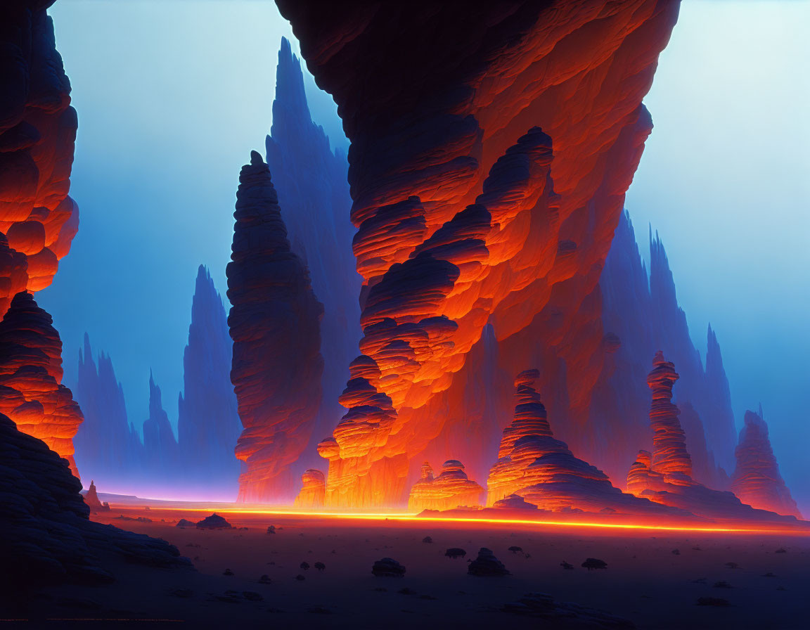 Surreal landscape with tall rock formations and red-orange glow