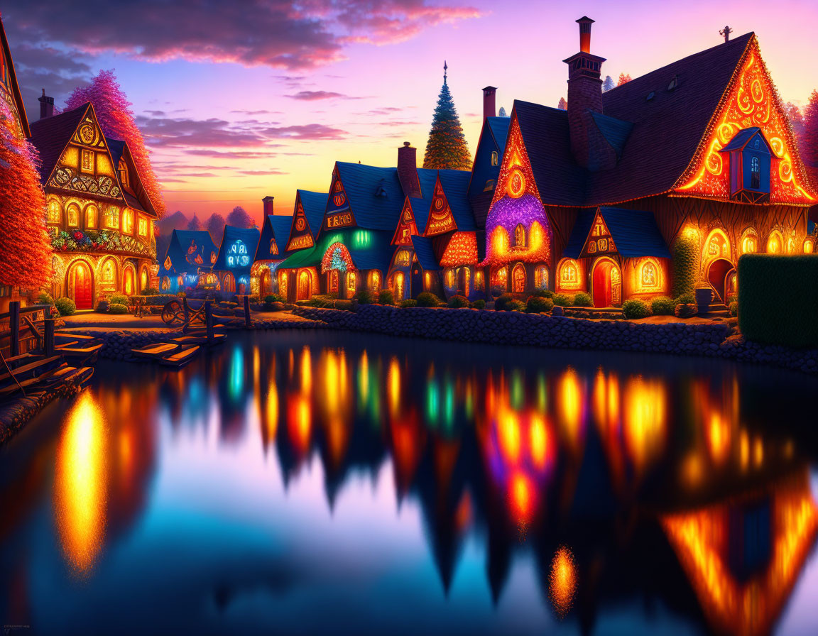 Tranquil twilight lake view with colorful houses and bridge