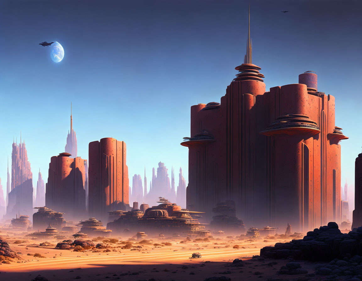 Futuristic cityscape in desert with towering structures under blue sky