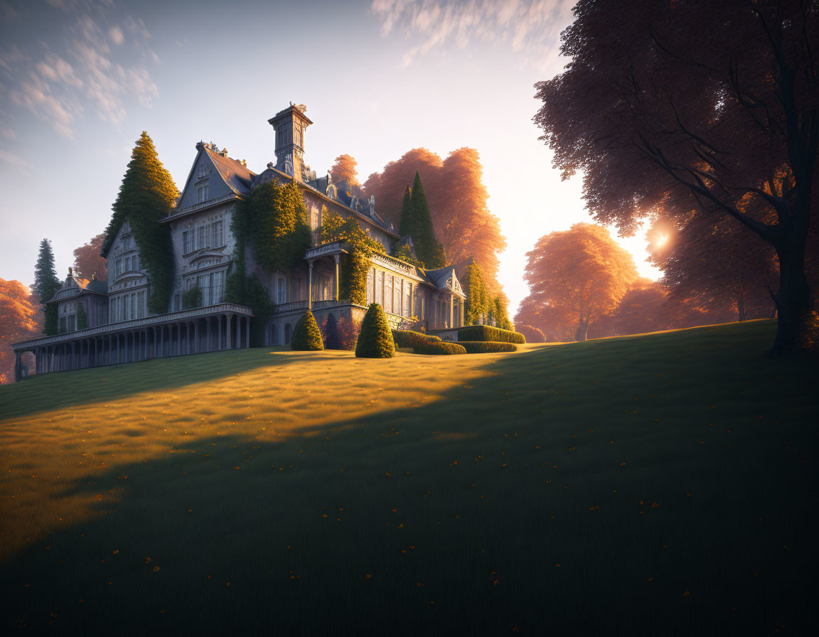 Luxurious estate in lush greenery at sunrise with autumn trees.