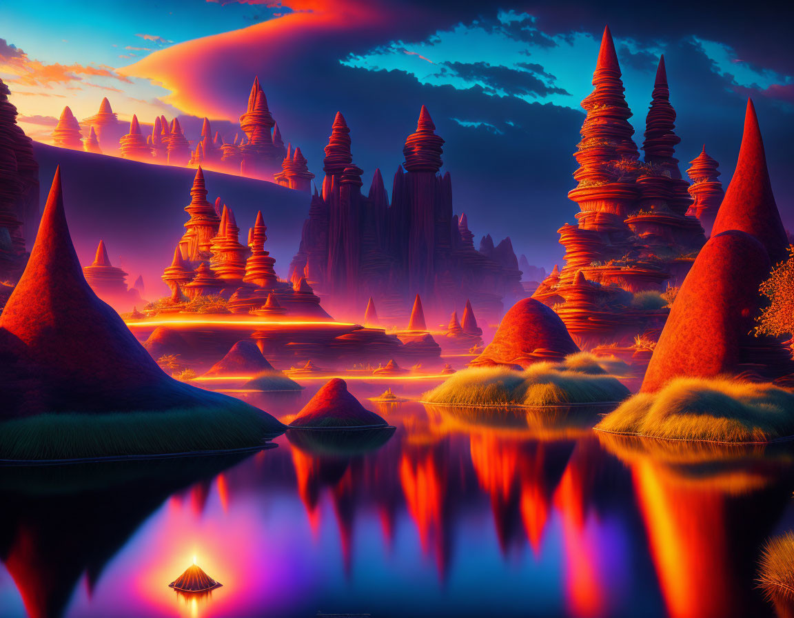 Vibrant pointed rock formations in fantastical landscape