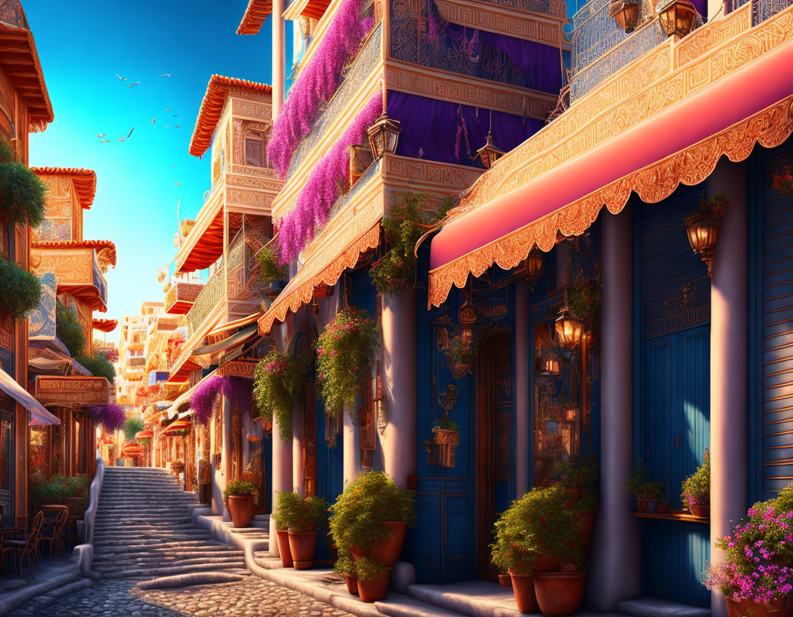 Colorful cobblestone street with vibrant buildings and flowers under clear sky