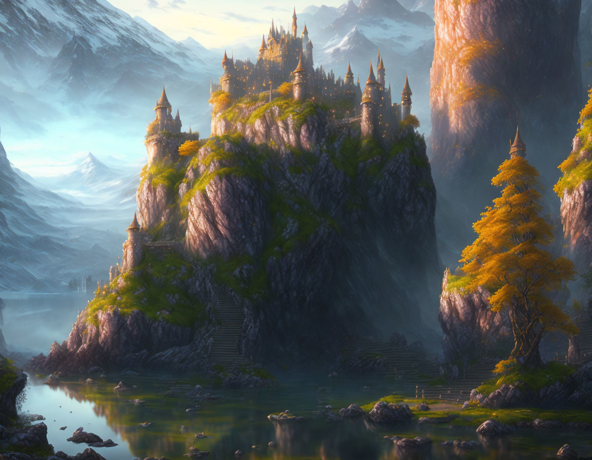 Fantasy landscape: castle on mountain, autumn trees, misty mountains, lake, dawn/dusk