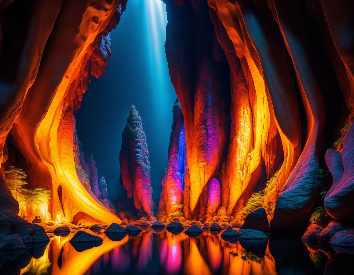 Vibrant illuminated cavern with sunlight beam over water