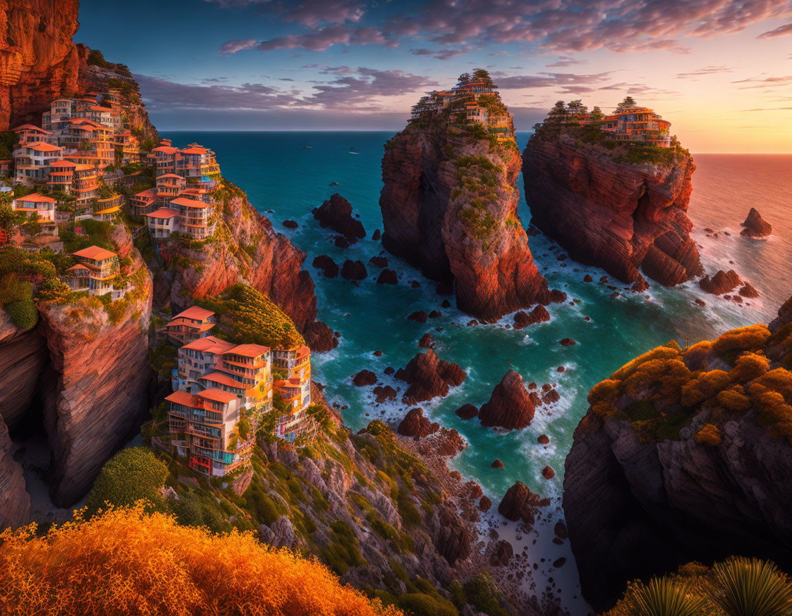 Vibrant sunset over cliff-top buildings in turquoise sea