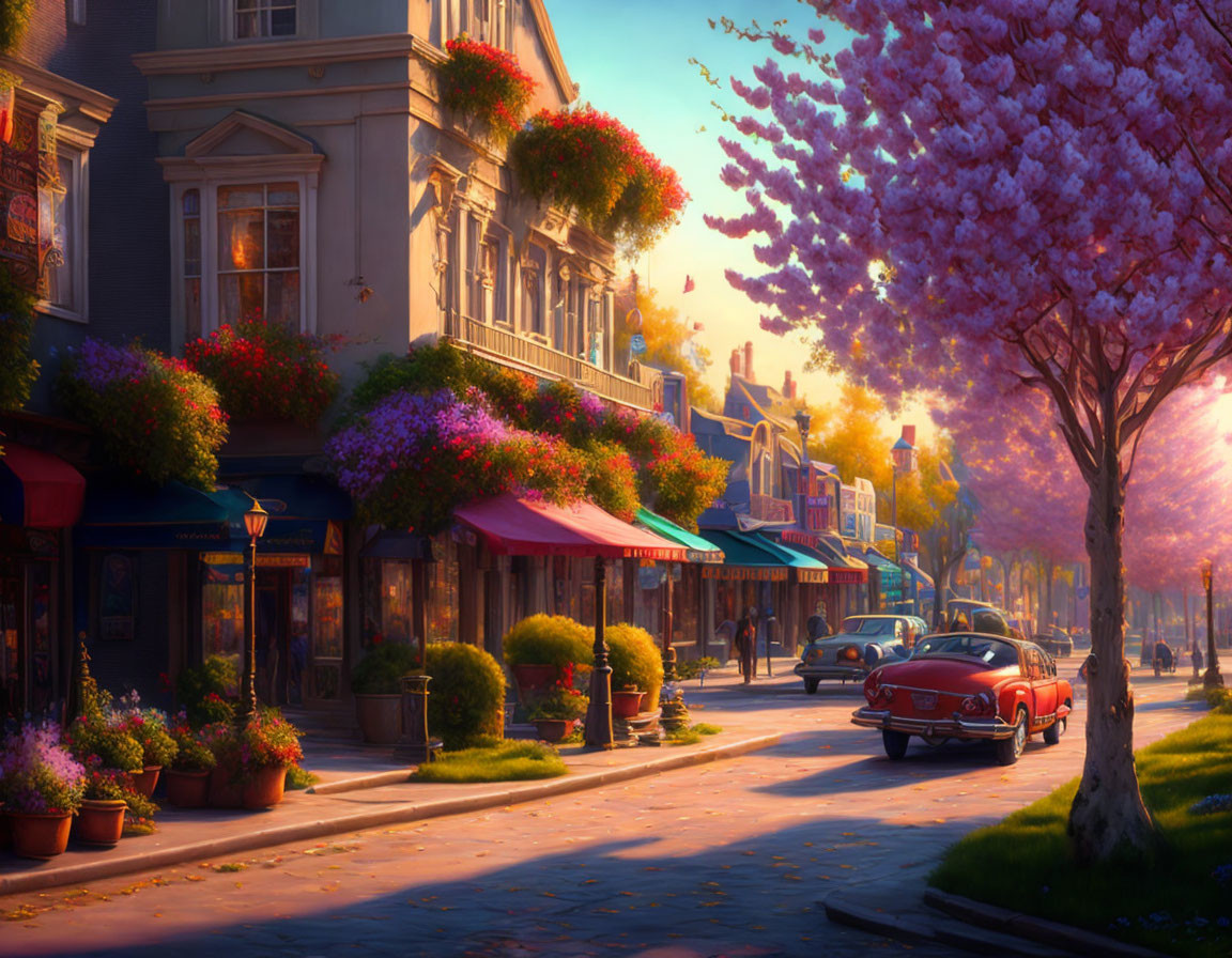 Cherry blossom street scene at sunset with classic car and charming storefronts