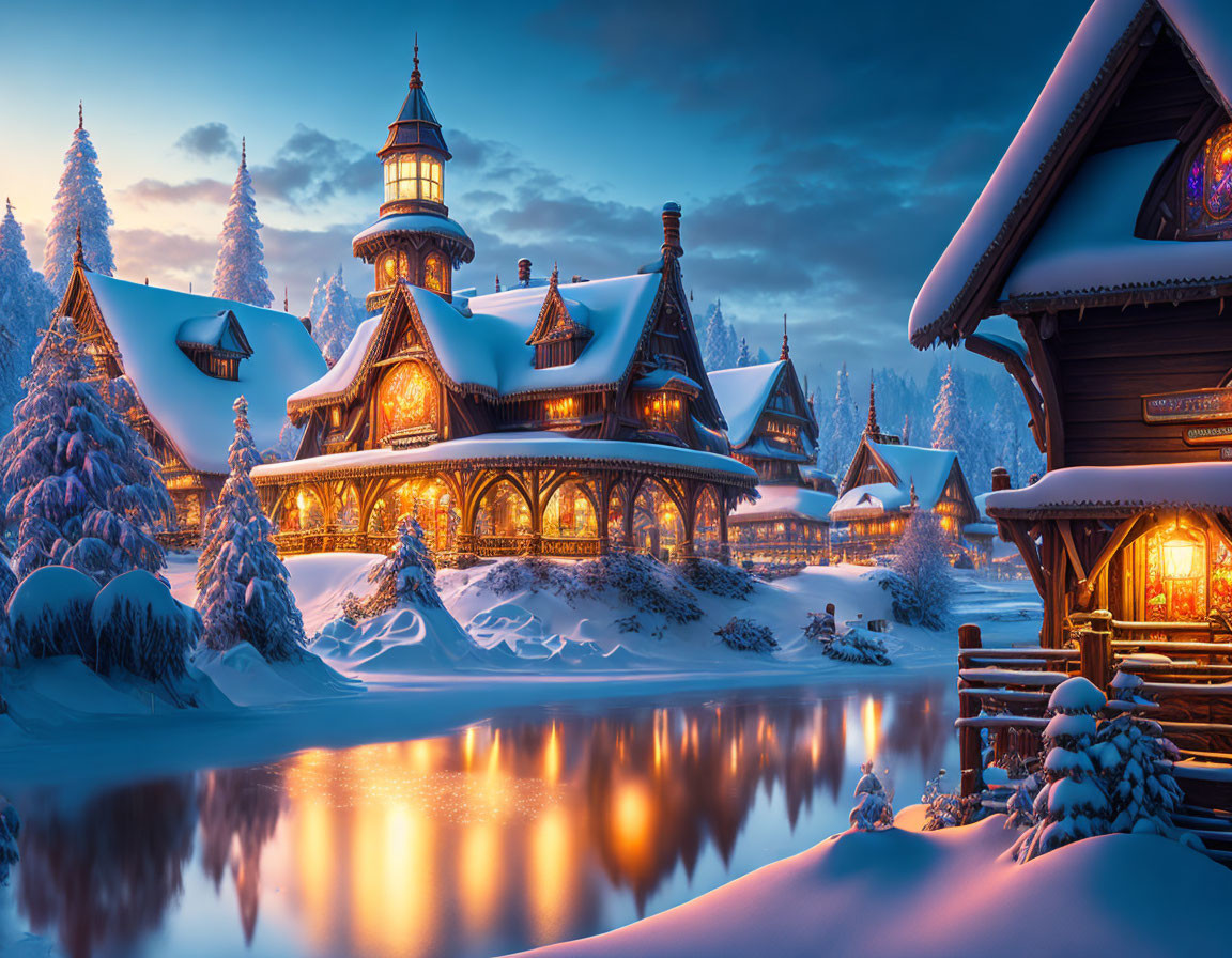 Snow-covered cottages beside frozen river under twilight sky