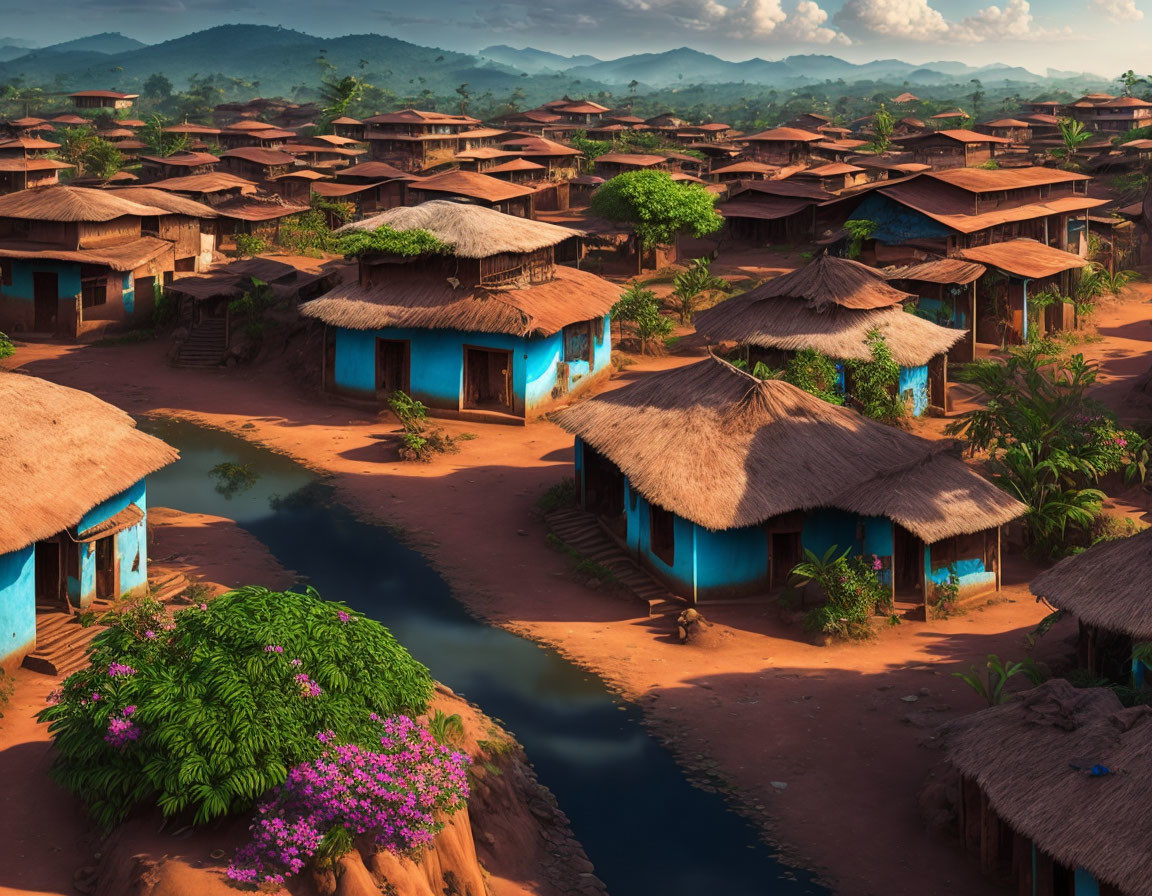 African village with round mud houses and thatched roofs in lush greenery