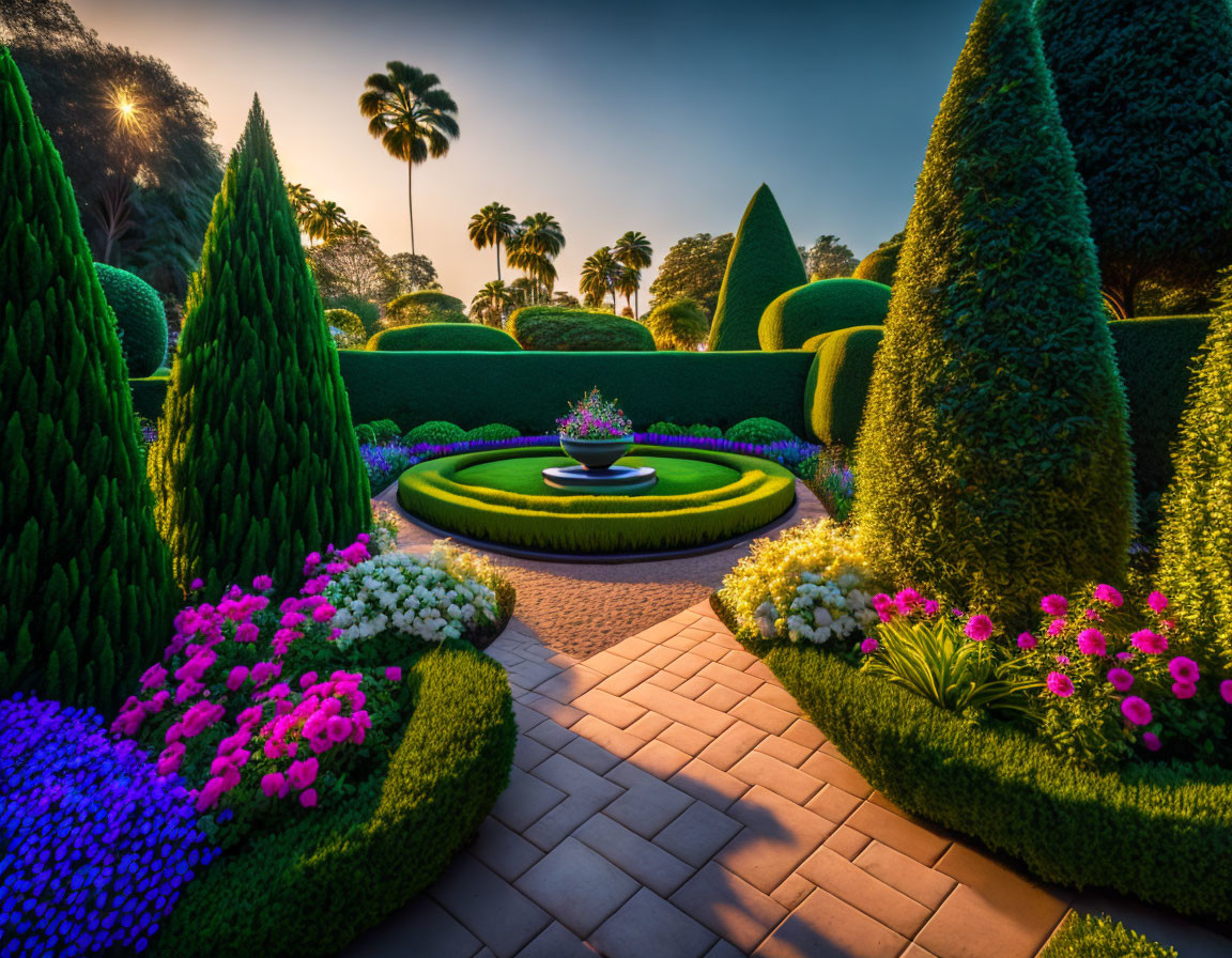 Manicured garden with topiary hedges, fountain, and colorful twilight sky