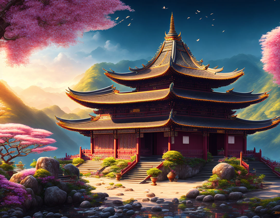 Tranquil Pagoda Scene with Cherry Blossoms and Mountains