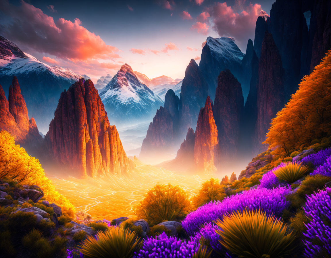 Majestic mountains, glowing valley, purple flora, dramatic sunset sky