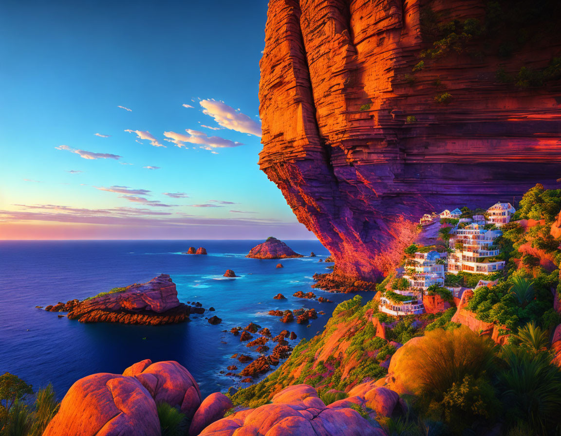 Layered rock coastal cliff at vibrant sunset with buildings, calm sea, islets.