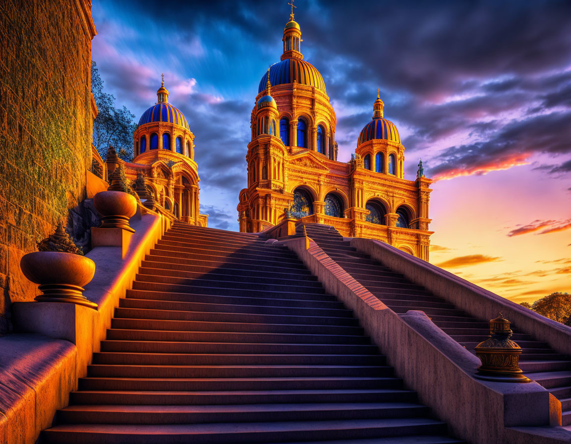 Ornate cathedral at sunset with glowing domes and elegant staircase