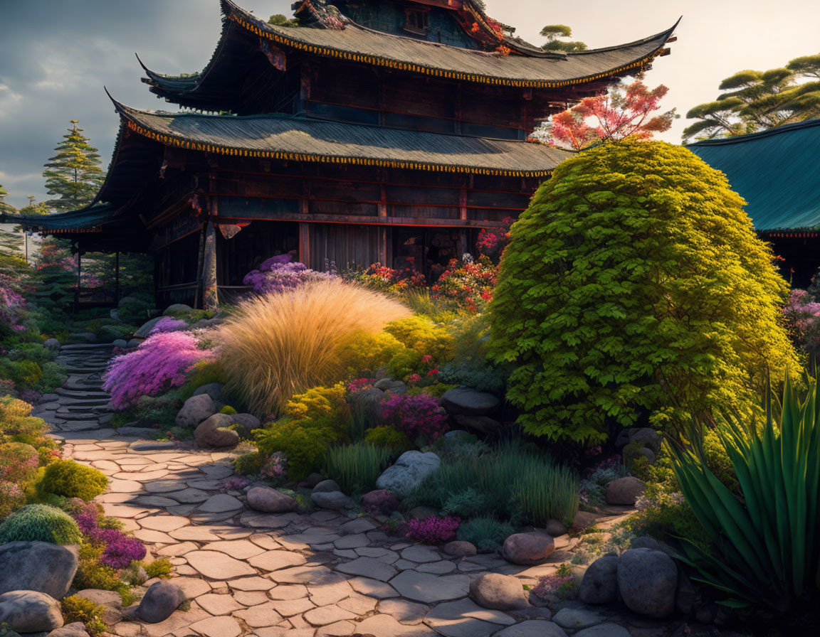 Japanese Temple Garden with Stone Path and Colorful Foliage