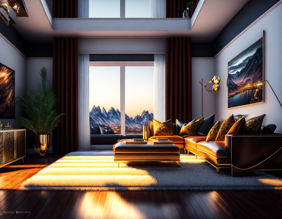 Modern Living Room with Mountain View, Sofa, Pillows, Artworks, and Plant