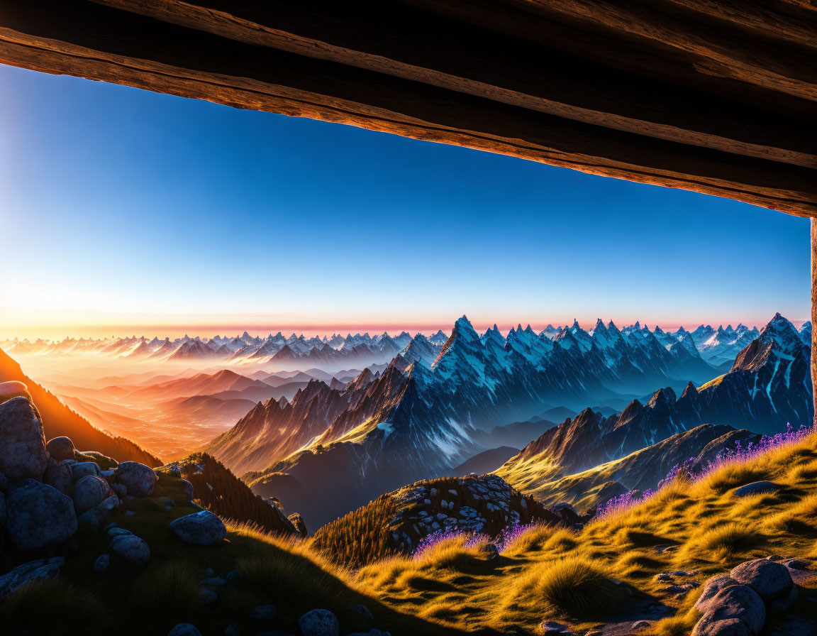 Mountain Range Sunrise View from Wooden Shelter with Sunbeams