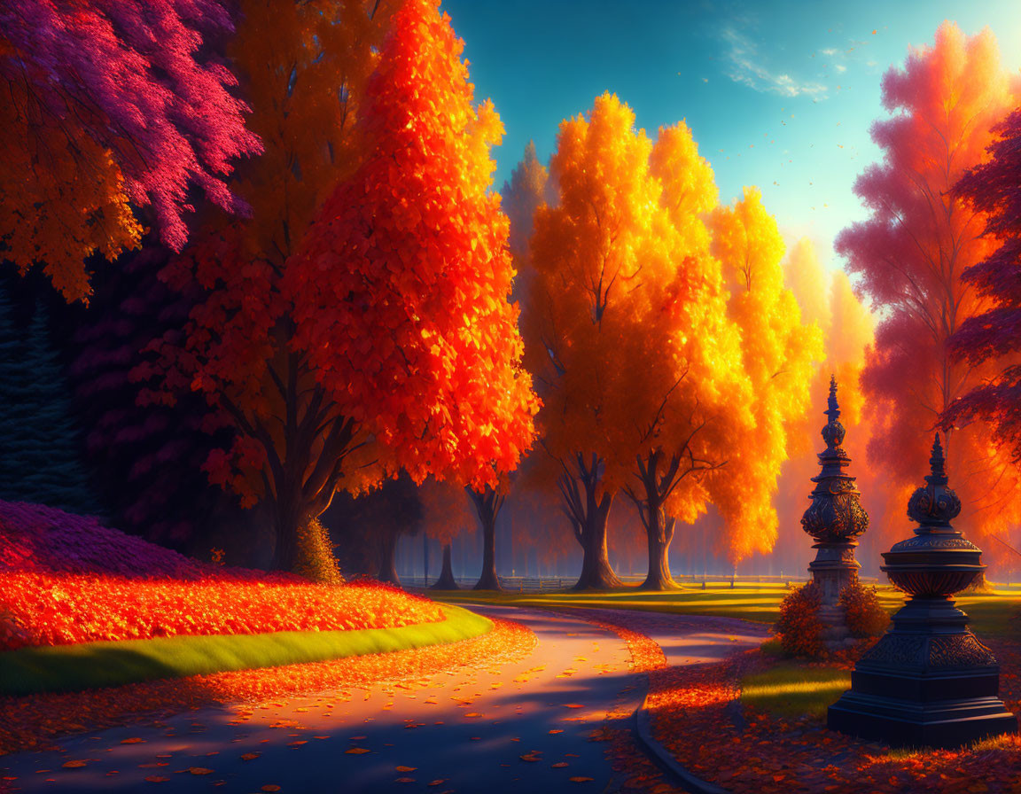 Colorful Autumn Path with Ornate Lamps Under Blue Sky