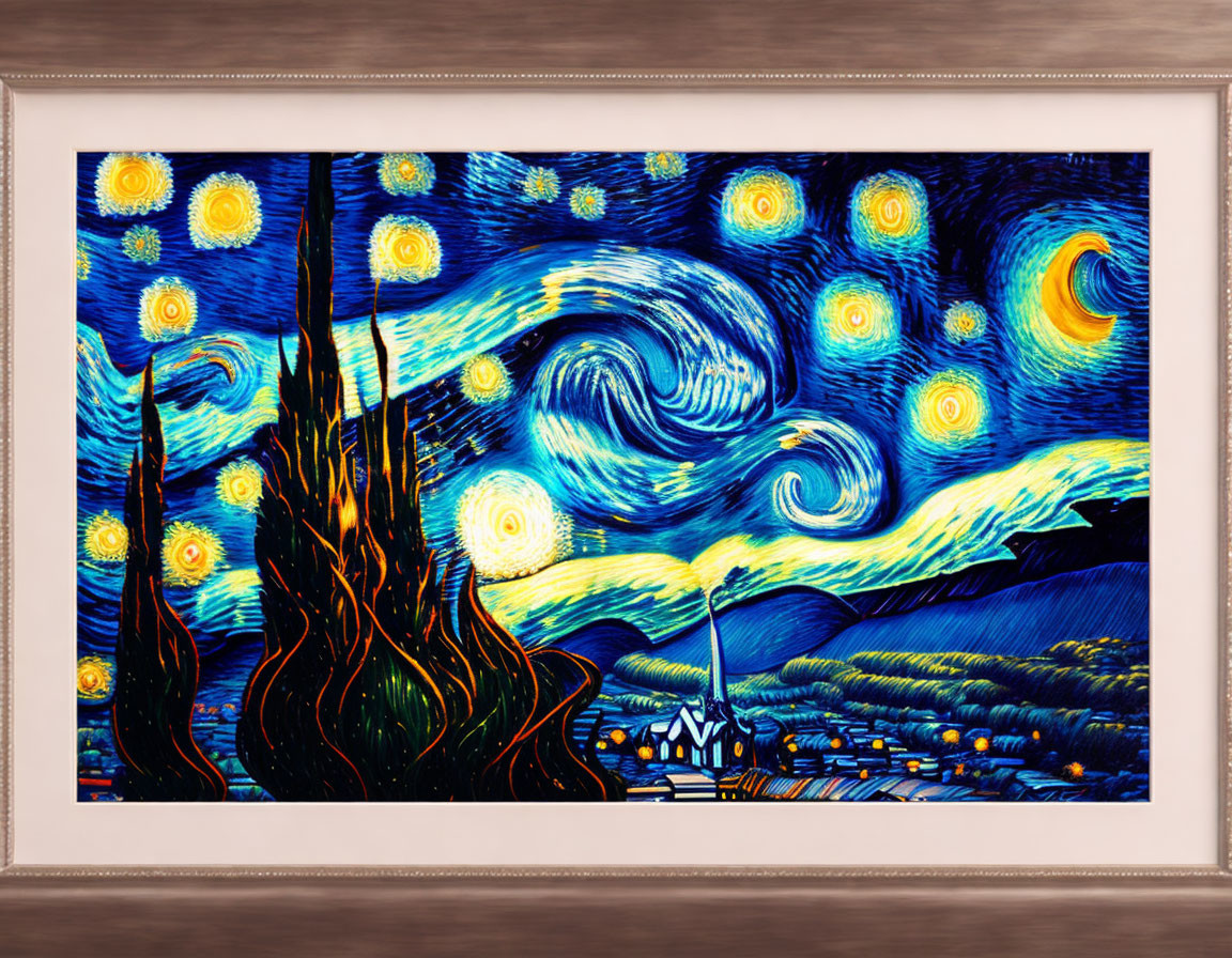 Night Sky Painting with Crescent Moon Above Sleeping Village