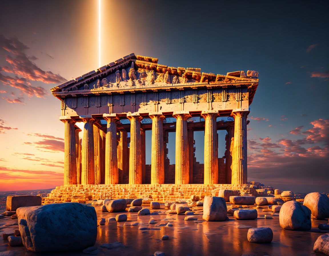 Surreal sunset light illuminates ancient temple ruins