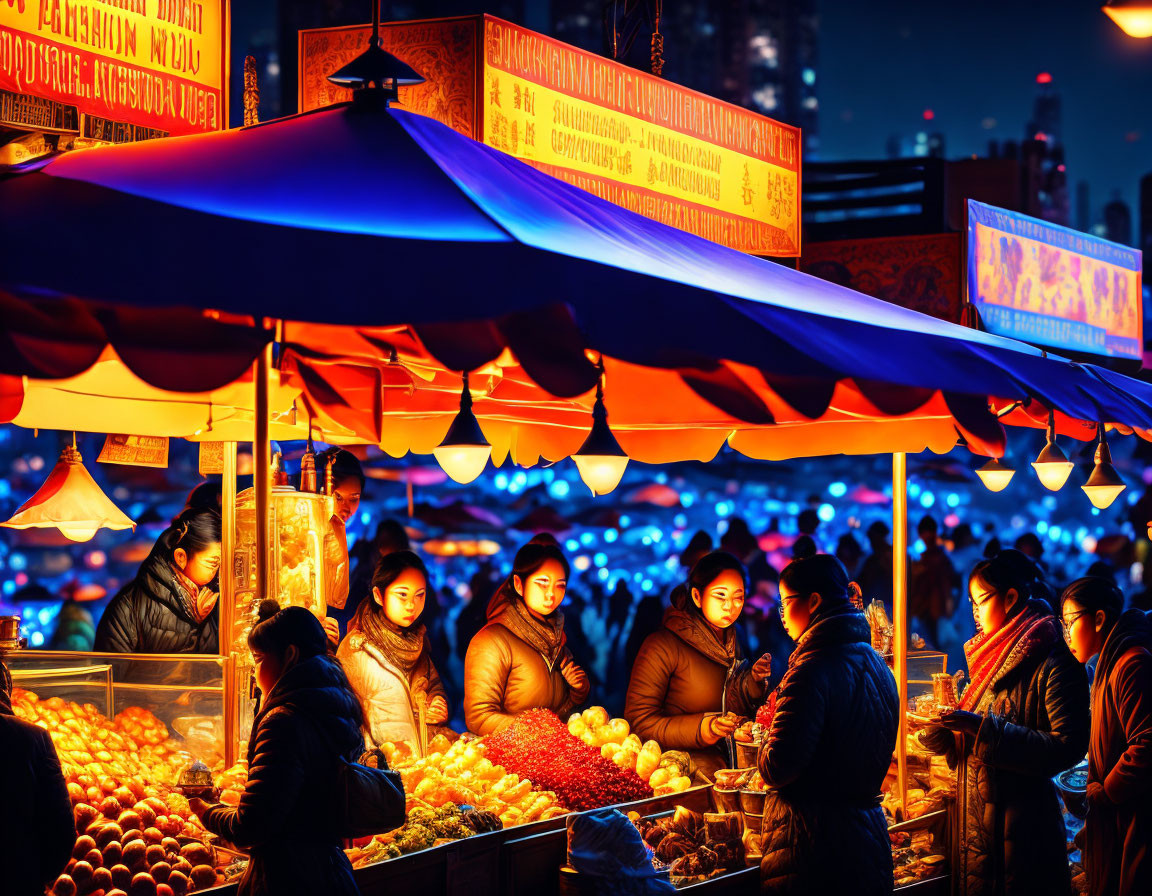 Vibrant night market scene with winter vendors and colorful fruits