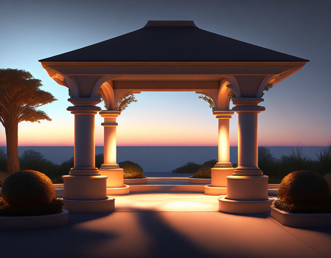 Twilight gazebo with columns by serene water at dusk