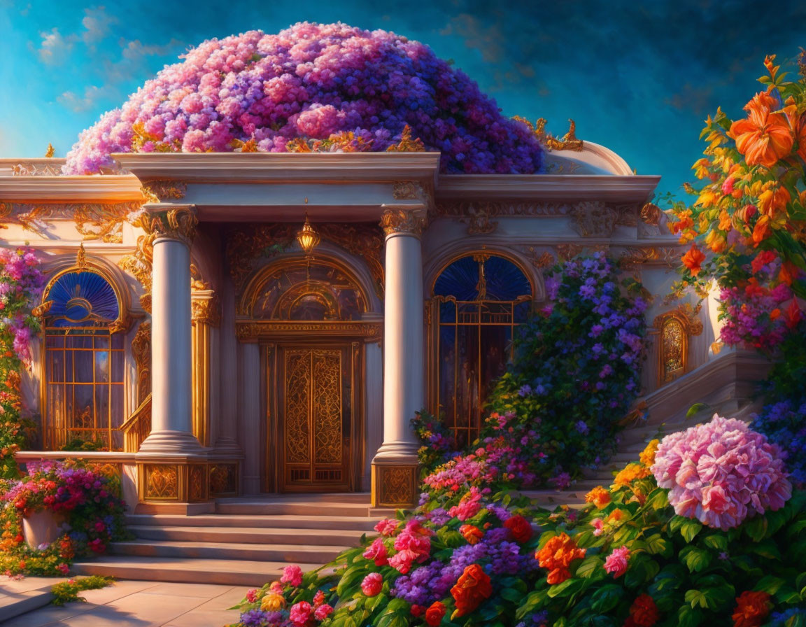 Fantastical palace with golden doors amid vibrant flowers