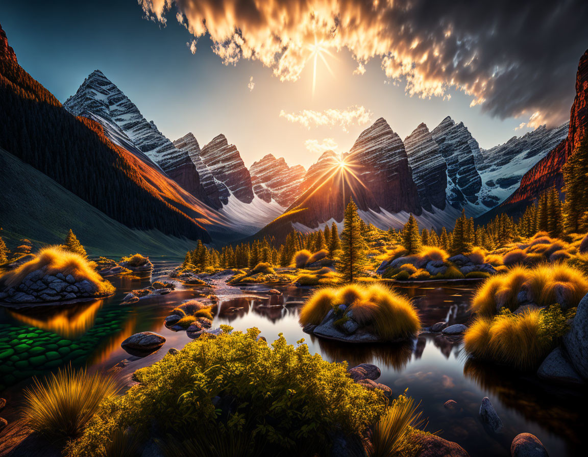 Sunburst over snow-capped mountains with river and lush greenery