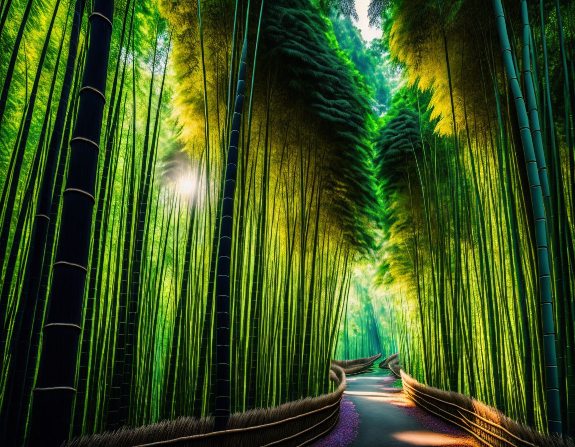 Lush bamboo forest with sunlight filtering through