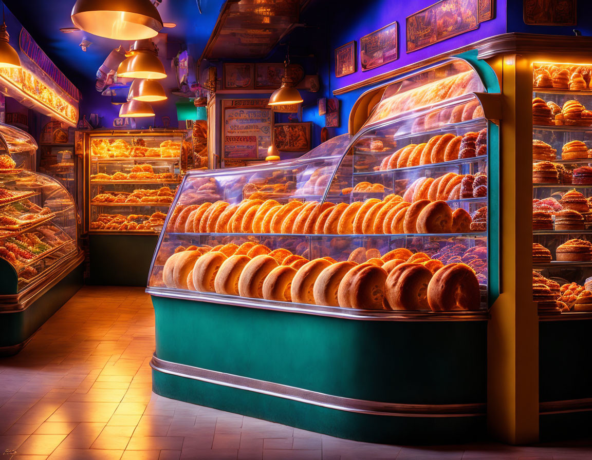 Cozy Bakery Interior with Illuminated Display Cases