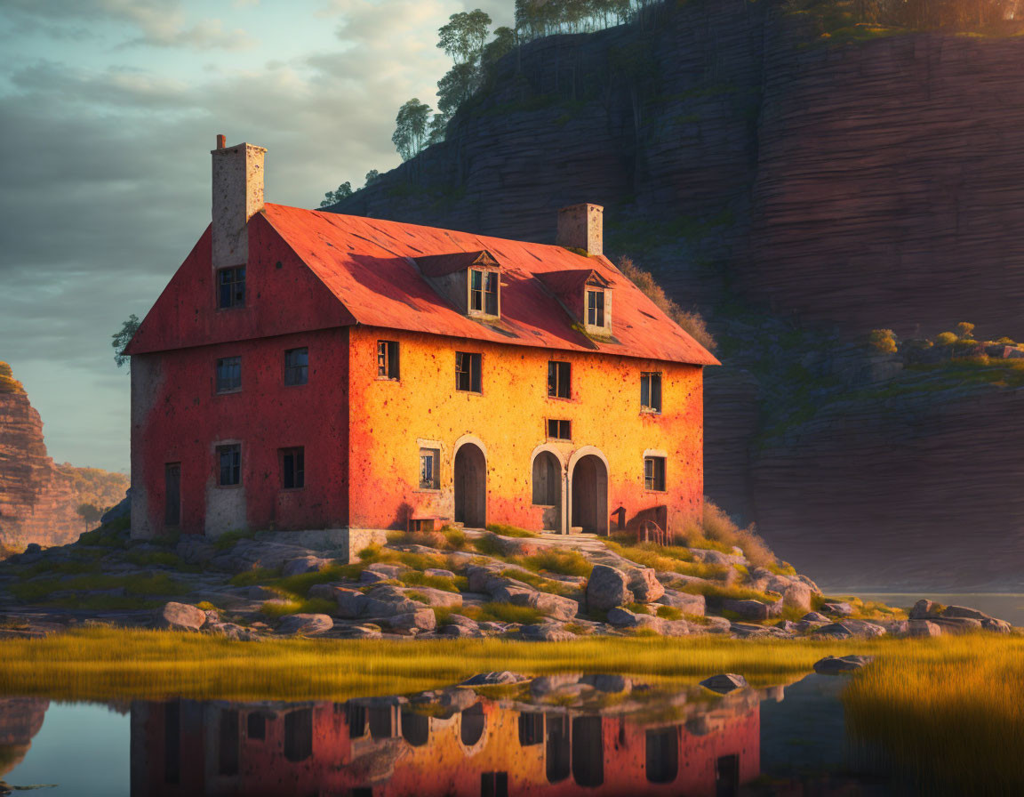 Spacious orange-red house at sunset near cliffs