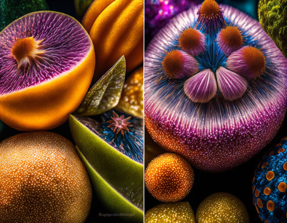 Colorful Fruits and Flowers Close-Up Display