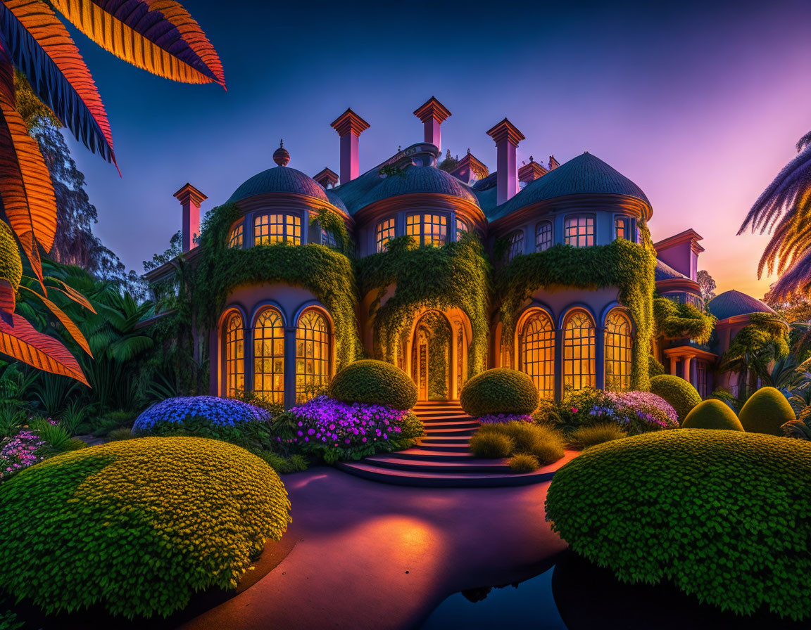 Illuminated Ivy-Covered Mansion in Twilight Garden