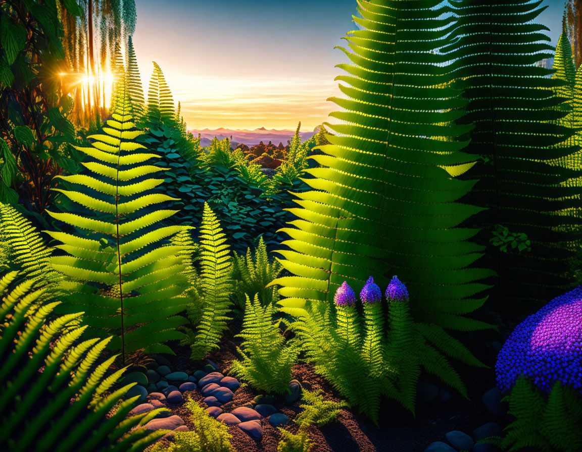 Golden sunrise illuminates lush green ferns and vibrant purple structures on pebbled ground