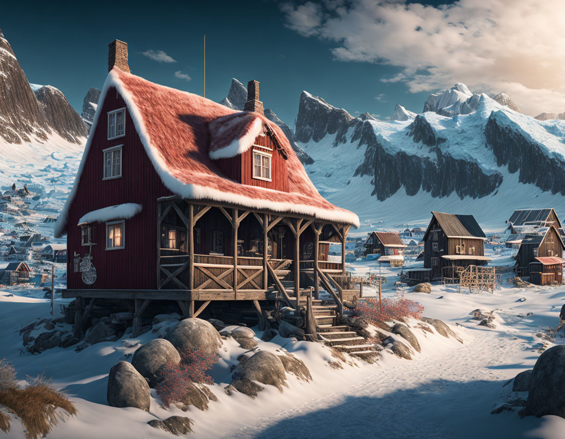 Red wooden house in snowy landscape with mountains and blue sky